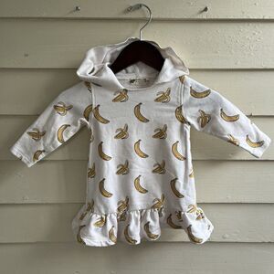 MONICA + ANDY Hooded Organic Cotton Banana Print Skater Dress- 12-18m